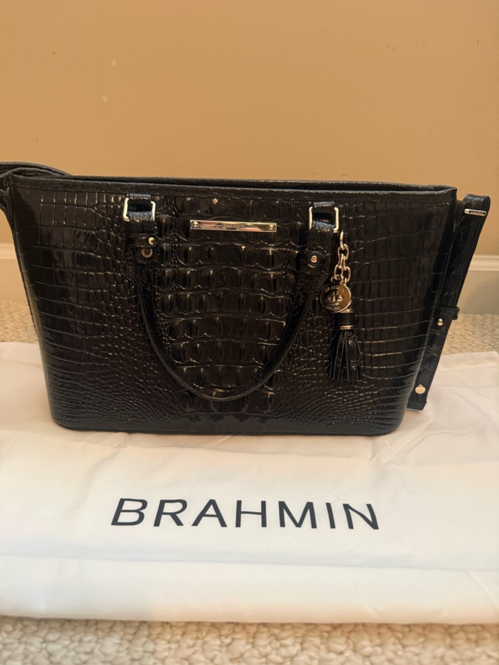 Brahmin Black Croc-Embossed Tote with Gold Hardware